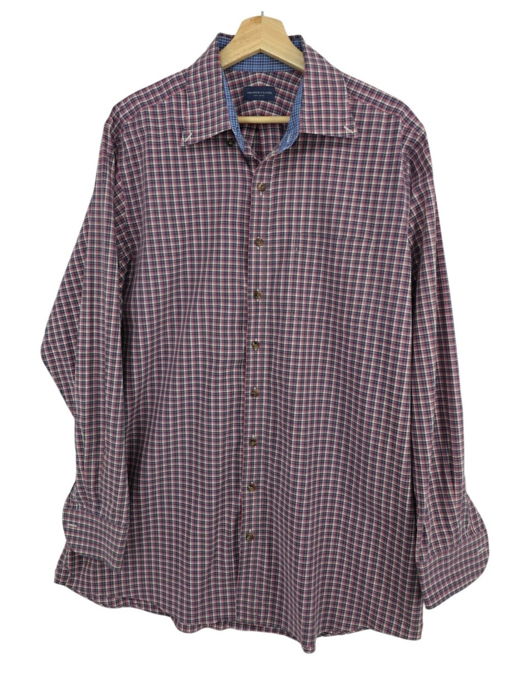 Proper Cloth Plaid Button Up Shirt XL XXL Tall Salmon Navy 100% Cotton Custom